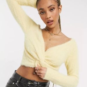 Yellow cropped fuzzy sweater NWOT